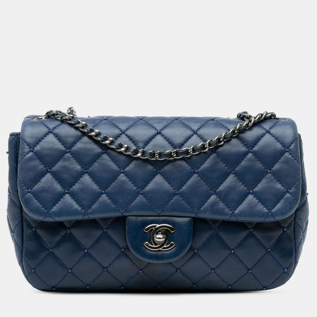 Chanel Navy Blue Small Quilted Lambskin Beaded Single Flap