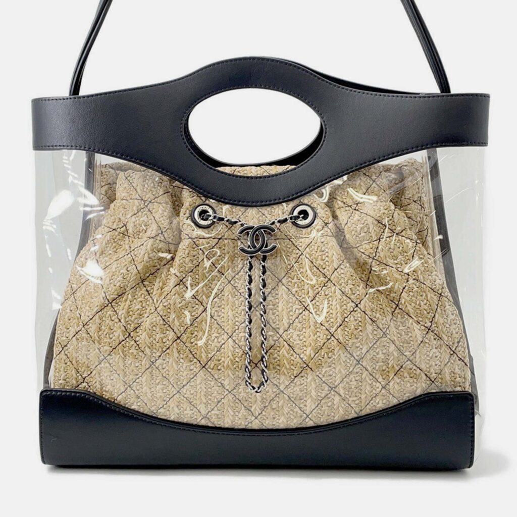 Chanel Matelasse 2-Way Tote Transparent/Black/Beige Plastics Leather Raffia Chanel Matelasse 2-Way Tote Transparent/Black/Beige Plastics Leather Raffia