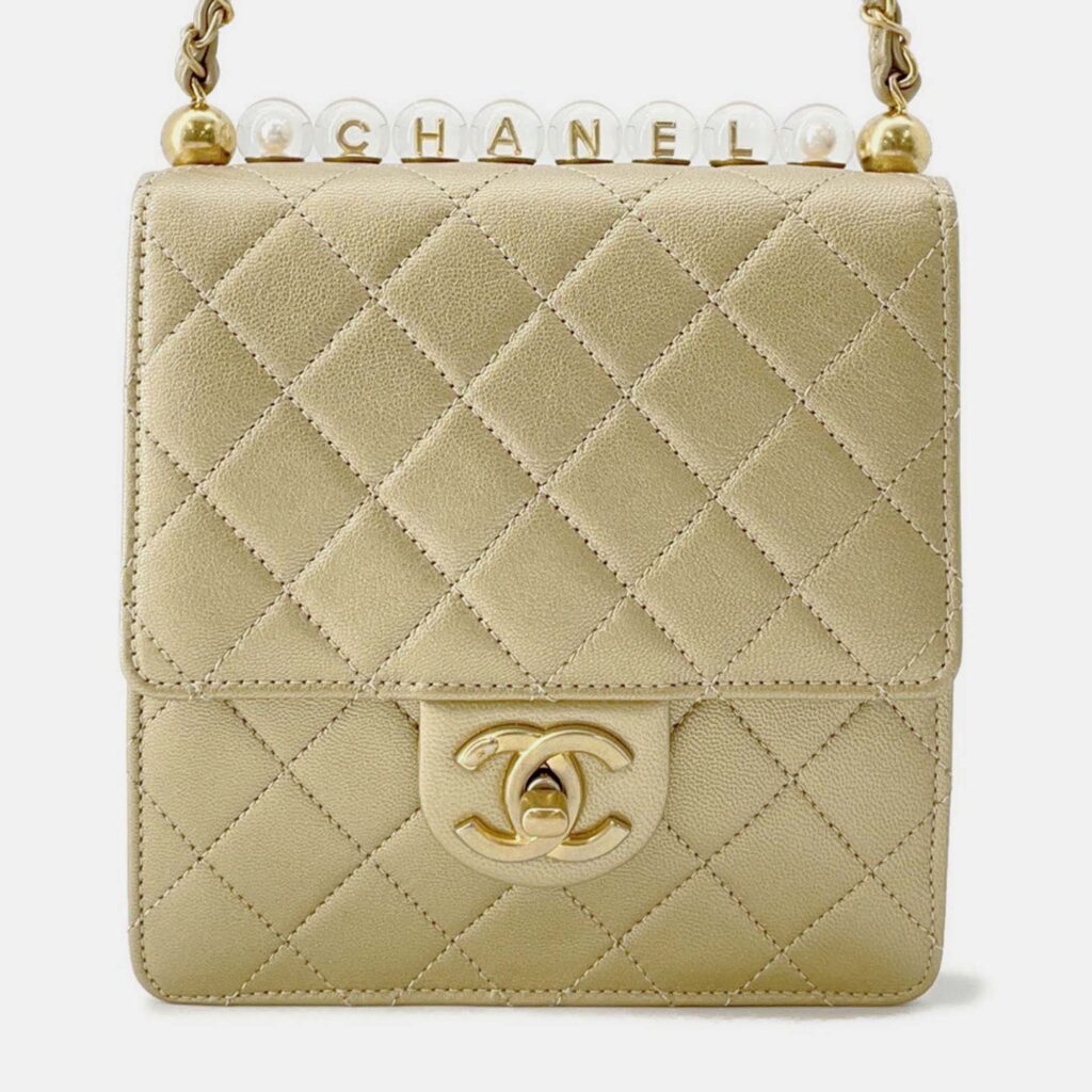 Chanel Matelasse Clear Pearl Shoulder Bag Gold Goatskin Leather Chanel Matelasse Clear Pearl Shoulder Bag Gold Goatskin Leather