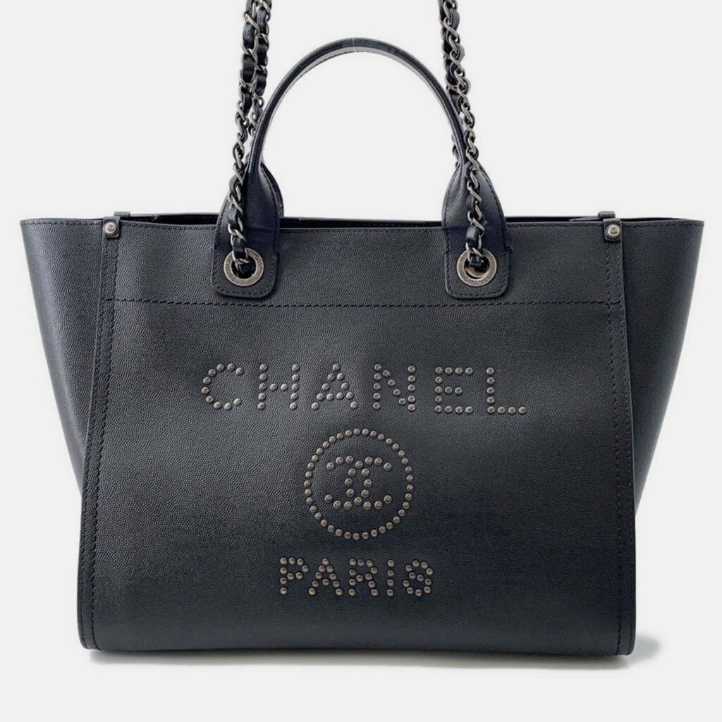 Chanel Deauville Chain Tote Shopping Bag Black Caviar Leather Size Gm