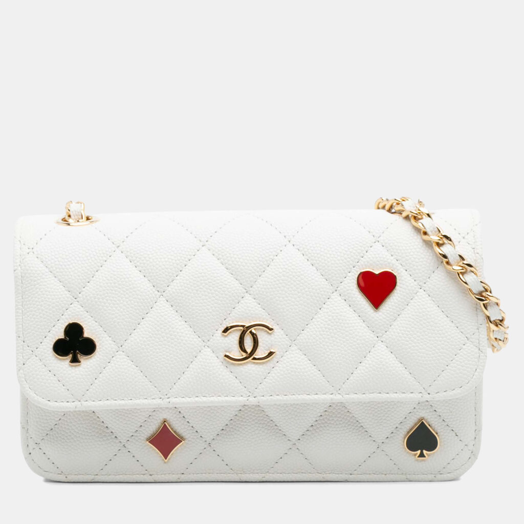 Chanel White Quilted Caviar Coco Casino Phone Holder on Chain