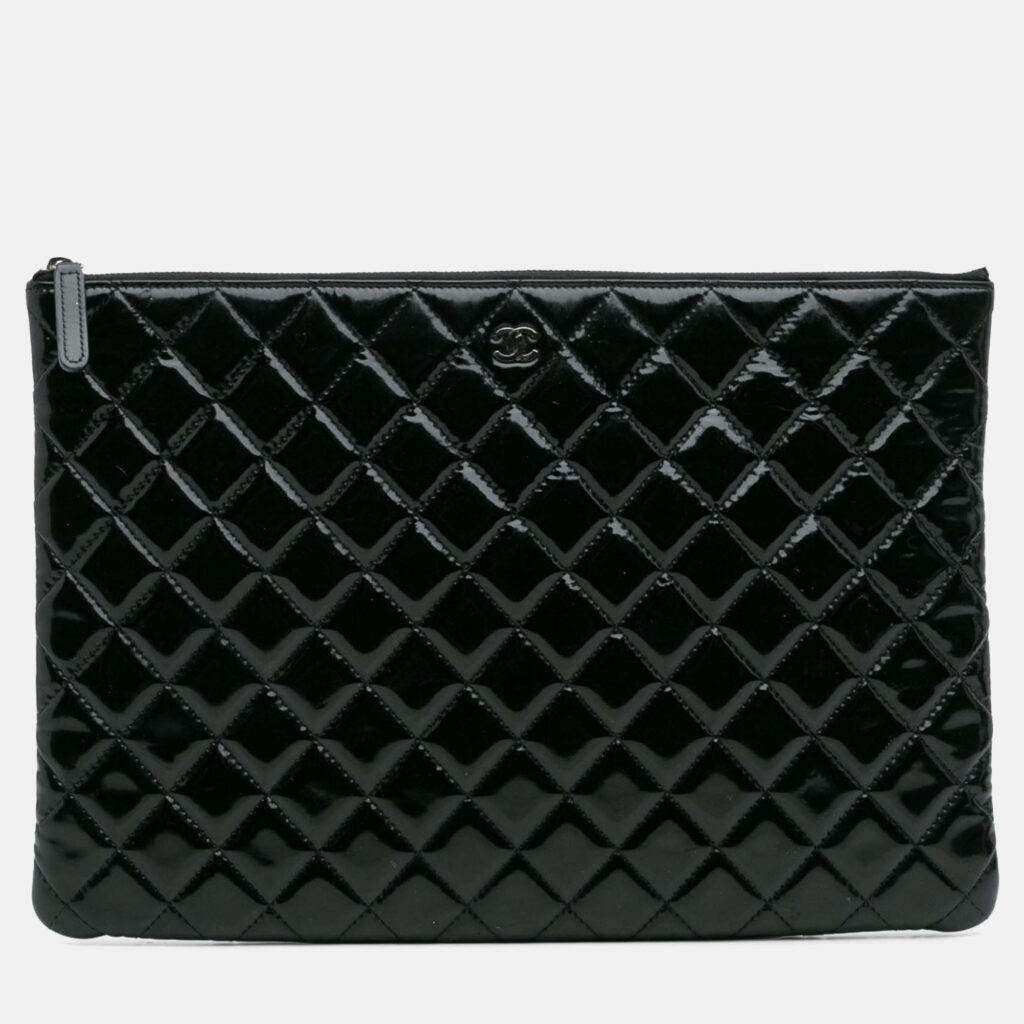 Chanel Black Large Quilted Patent O Case Clutch Chanel Black Large Quilted Patent O Case Clutch