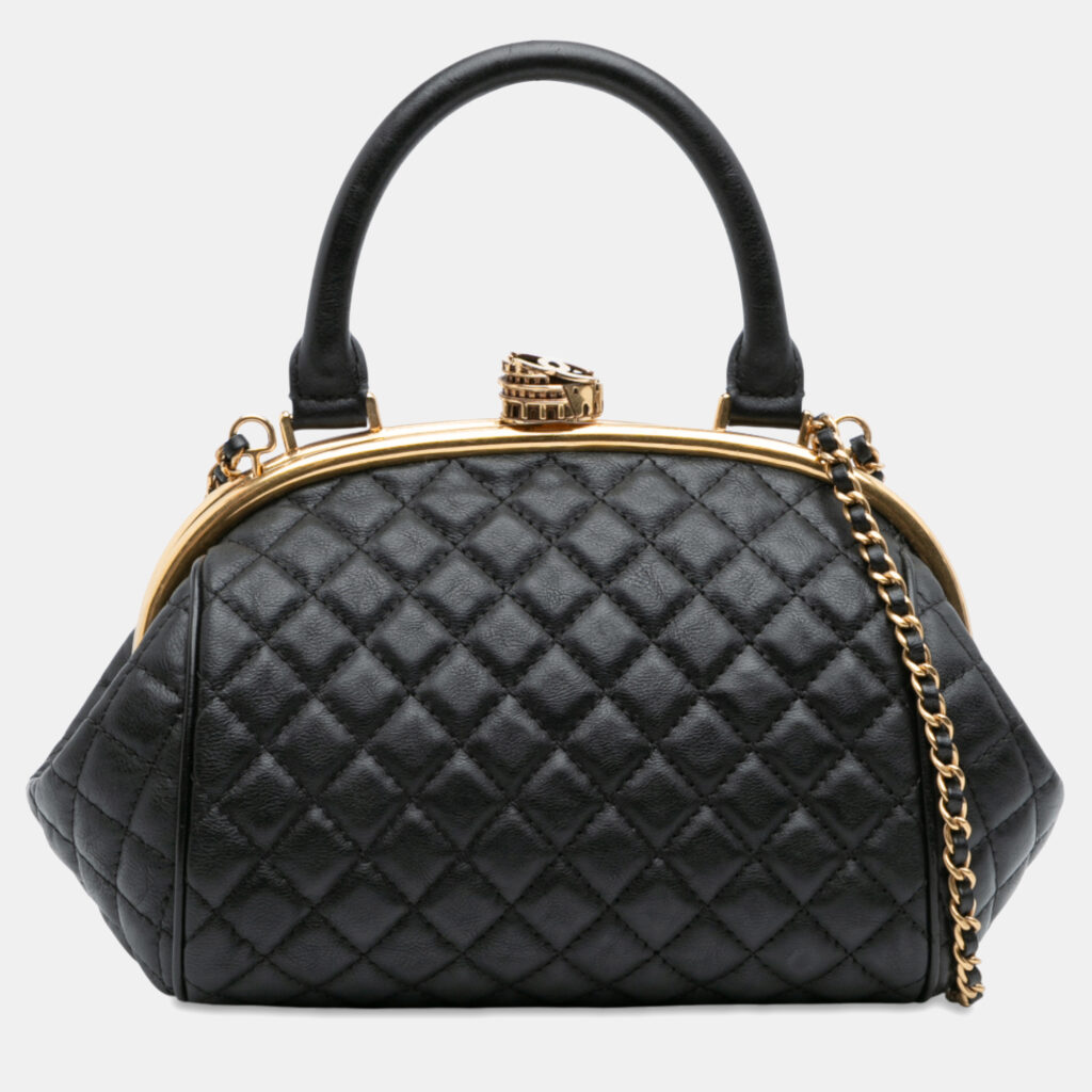 Chanel Black Paris Rome Quilted Calfskin Colosseum Lock Frame Bowling Bag Chanel Black Paris Rome Quilted Calfskin Colosseum Lock Frame Bowling Bag