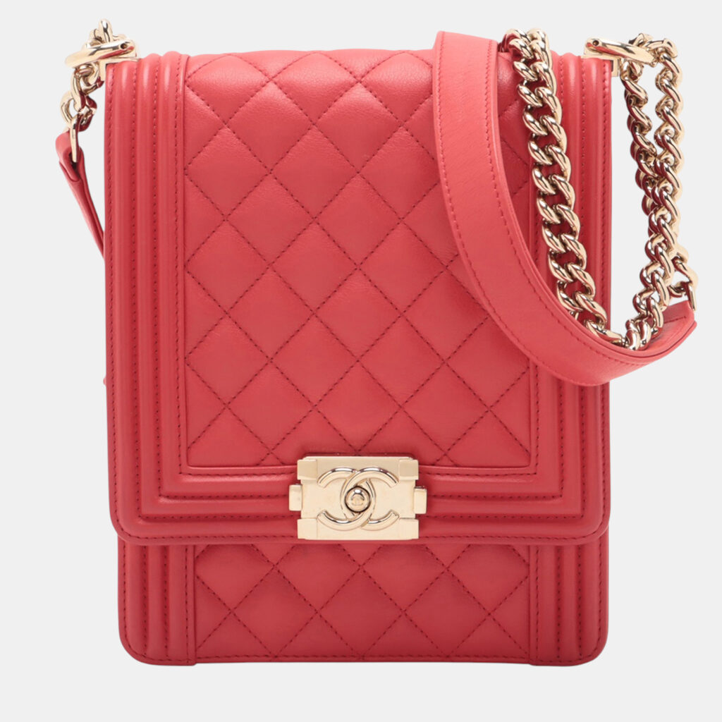 Chanel Red Quilted Lambskin North South Boy Flap