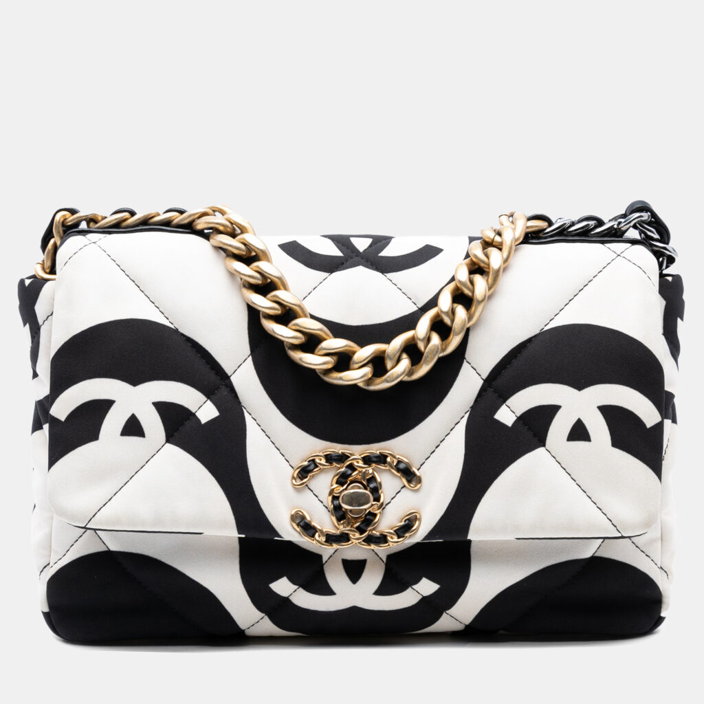 Chanel Black/White Medium Printed Silk 19 Flap