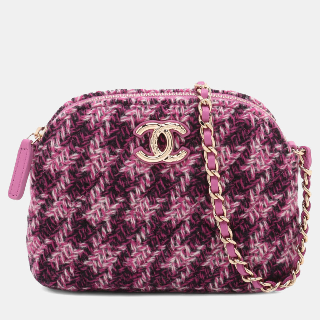Chanel Pink CC Tweed Houndstooth Clutch On Chain