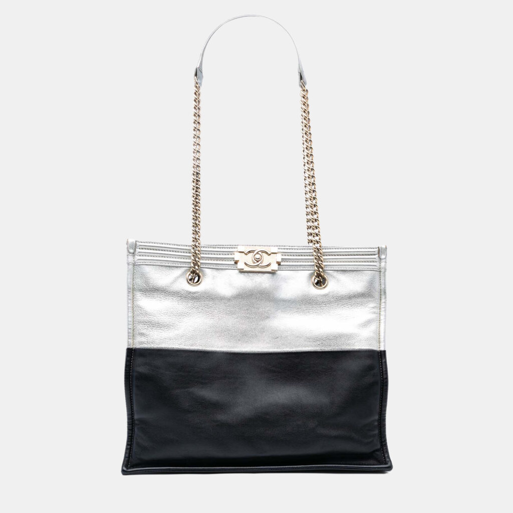 luxury-women-chanel-used-handbags-p1234106-005-1.jpg Chanel Black/Silver Large Bicolor Metallic Goatskin and Calfskin Boy Tote