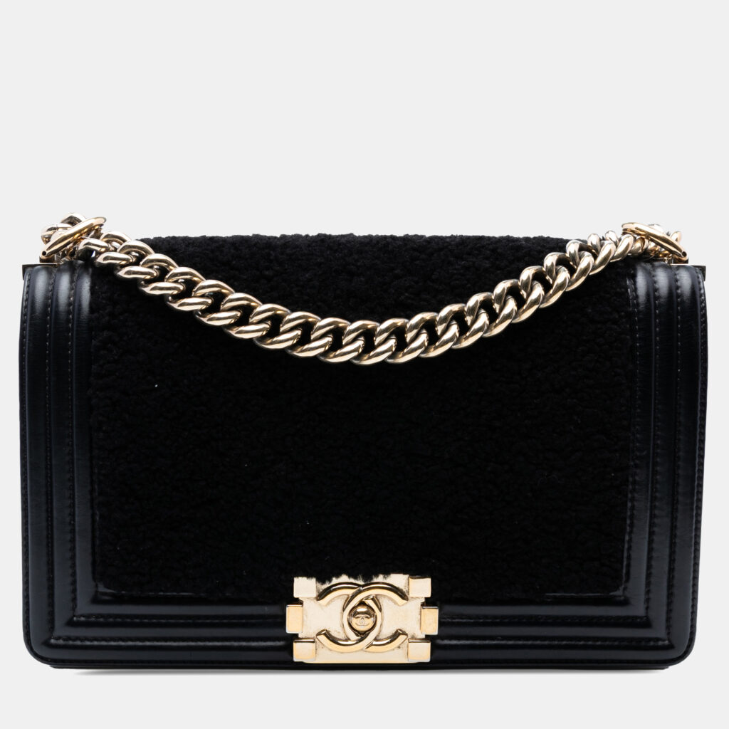 Chanel Black Old Medium Shearling Boy Flap