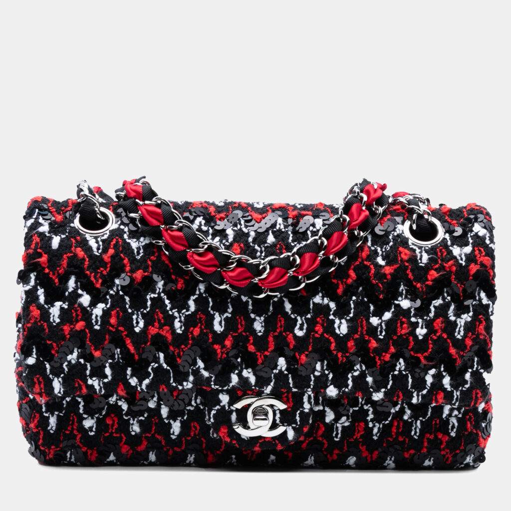Chanel Black Red Medium Classic Sequined Tweed Double Flap