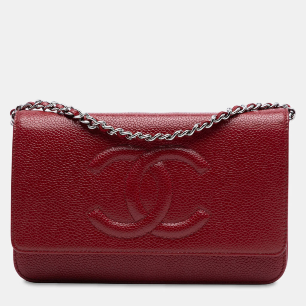 Chanel Red CC Caviar Wallet On Chain
