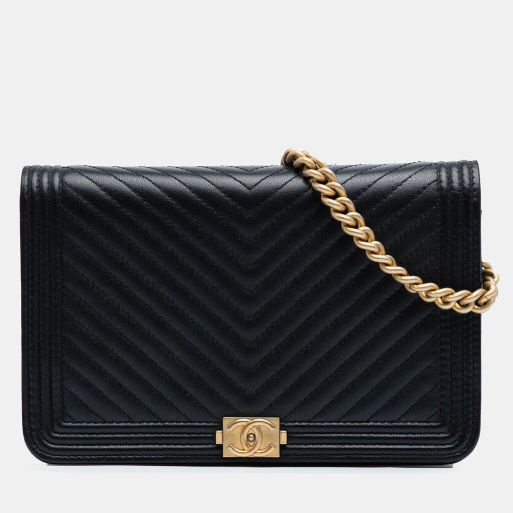 Chanel Black Chevron Quilted Calfskin Boy Wallet On Chain