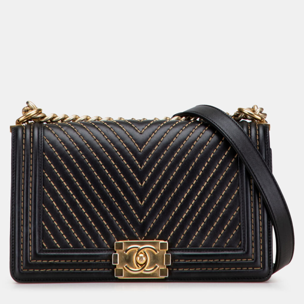 luxury-women-chanel-used-handbags-p1234612-002-1.jpg Chanel Black Old Medium Chevron Lambskin Stitched Boy Flap