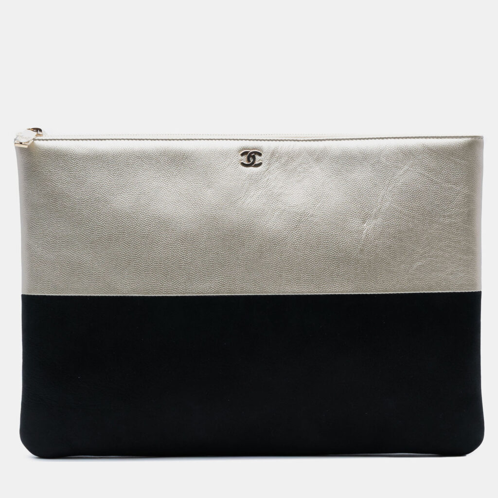 Chanel Black Gold Medium Bicolor Caviar and Iridescent Calfskin O Case Clutch Chanel Black Gold Medium Bicolor Caviar and Iridescent Calfskin O Case Clutch