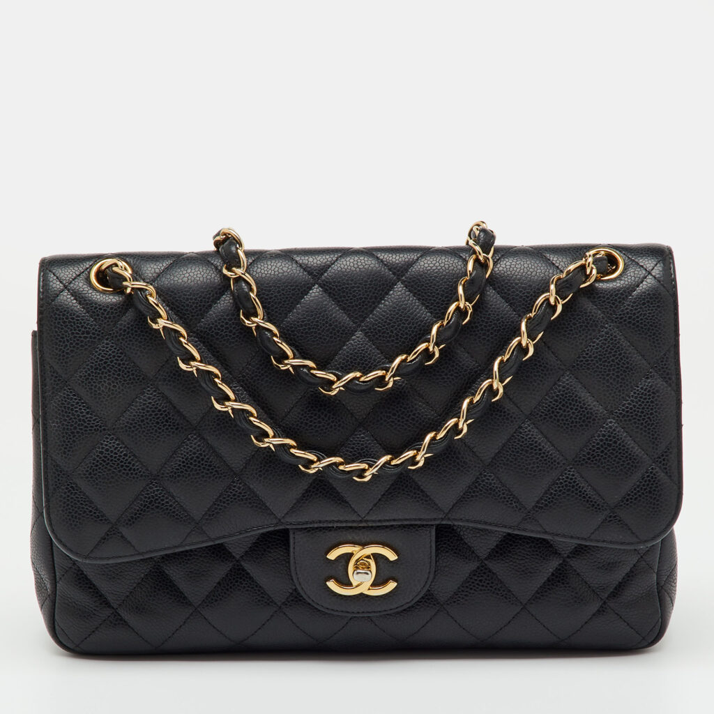 luxury-women-chanel-used-handbags-p1235054-015-1.jpg Chanel Black Quilted Caviar Leather Jumbo Classic Double Flap Bag