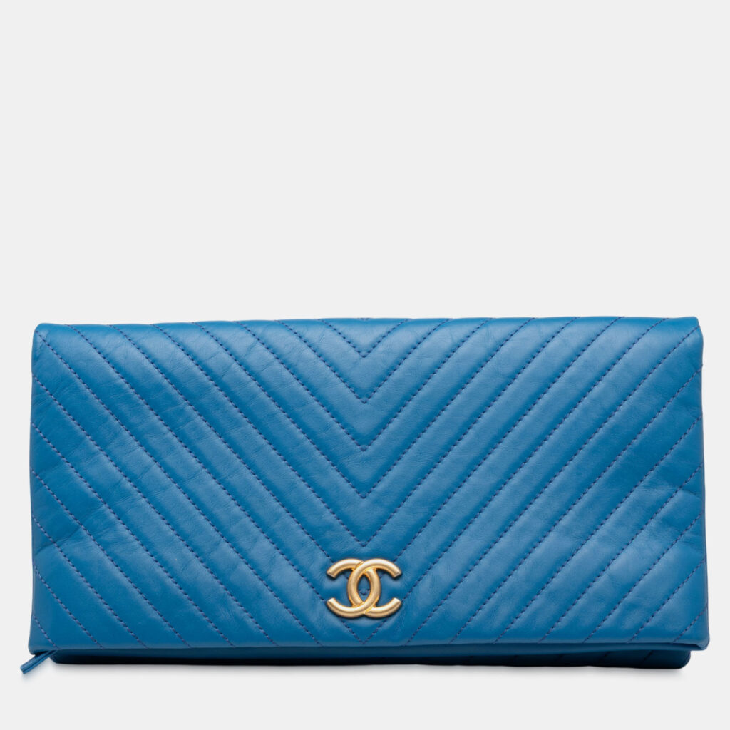 Chanel Blue CC Chevron Lambskin Fold Over Clutch Chanel Blue CC Chevron Lambskin Fold Over Clutch