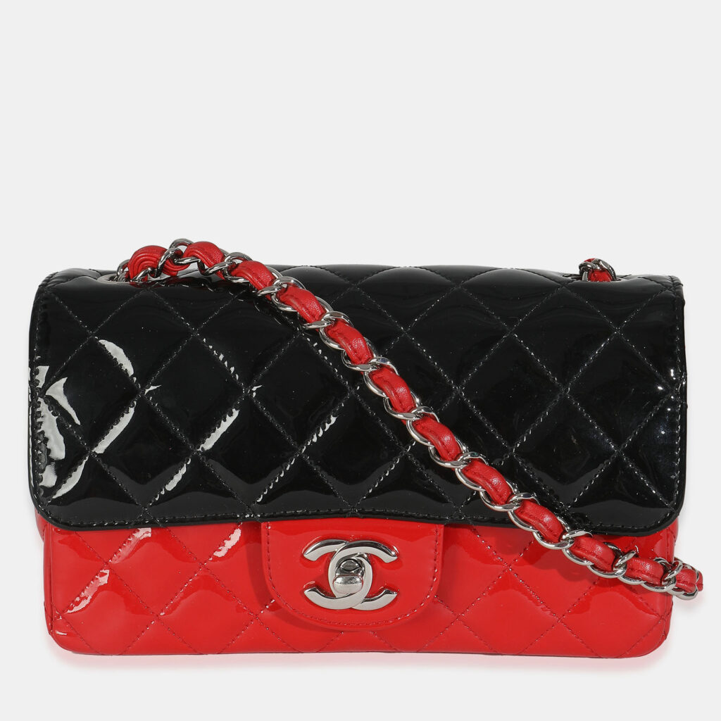 Chanel Red Black Quilted Patent Bi-Color Mini Rectangular Flap Bag Chanel Red Black Quilted Patent Bi-Color Mini Rectangular Flap Bag