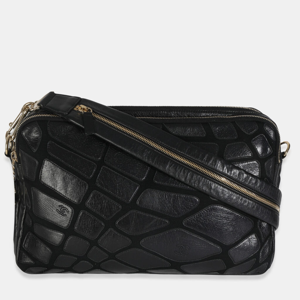 Chanel Vintage Black Lambskin Jersey Scales Camera Case