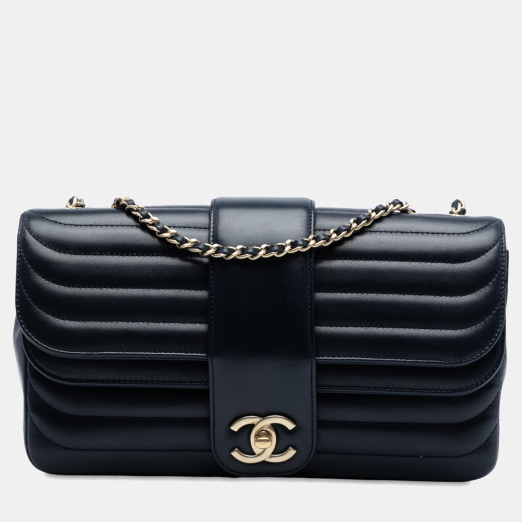 Chanel Navy Blue CC Horizontal Quilted Lambskin Double Flap