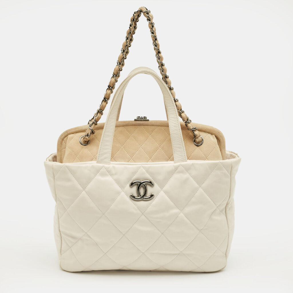 Chanel White/Cream Quilted Glazed Leather and Suede Portobello Tote