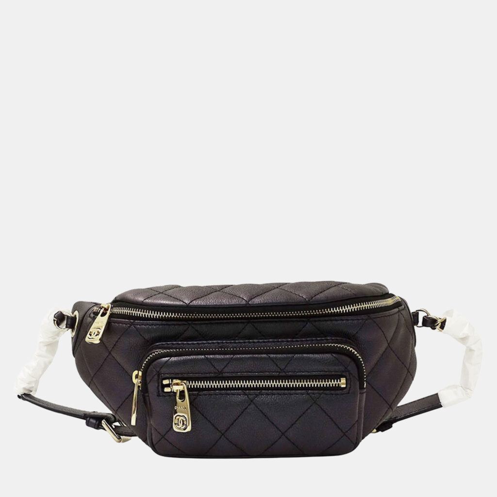 Chanel Matelasse Black Leather Compact Body Waist Bag Chanel Matelasse Black Leather Compact Body Waist Bag