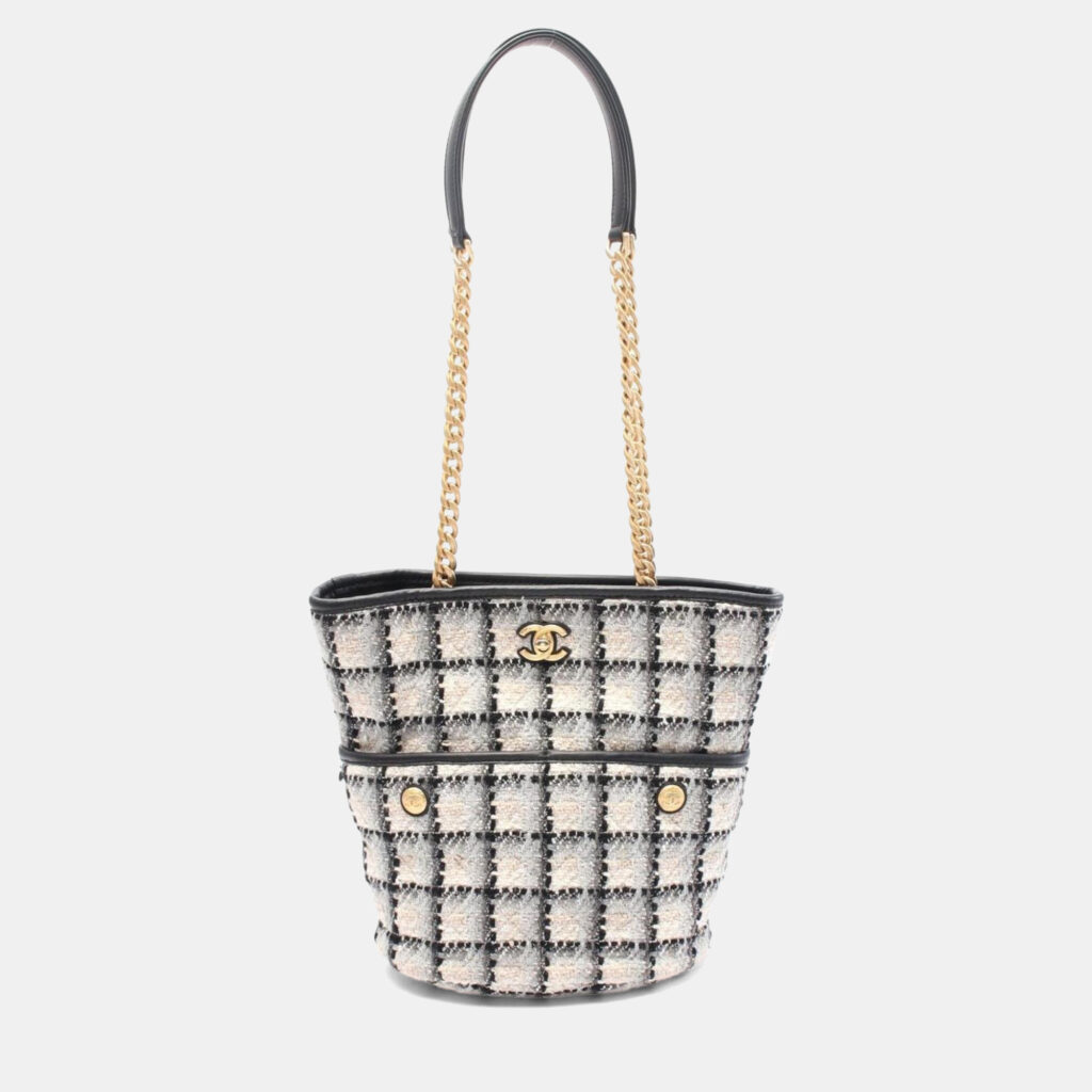 Chanel Coco Mark Tote Bag Fabric Leather Black Grey Multicolor Chanel Coco Mark Tote Bag Fabric Leather Black Grey Multicolor