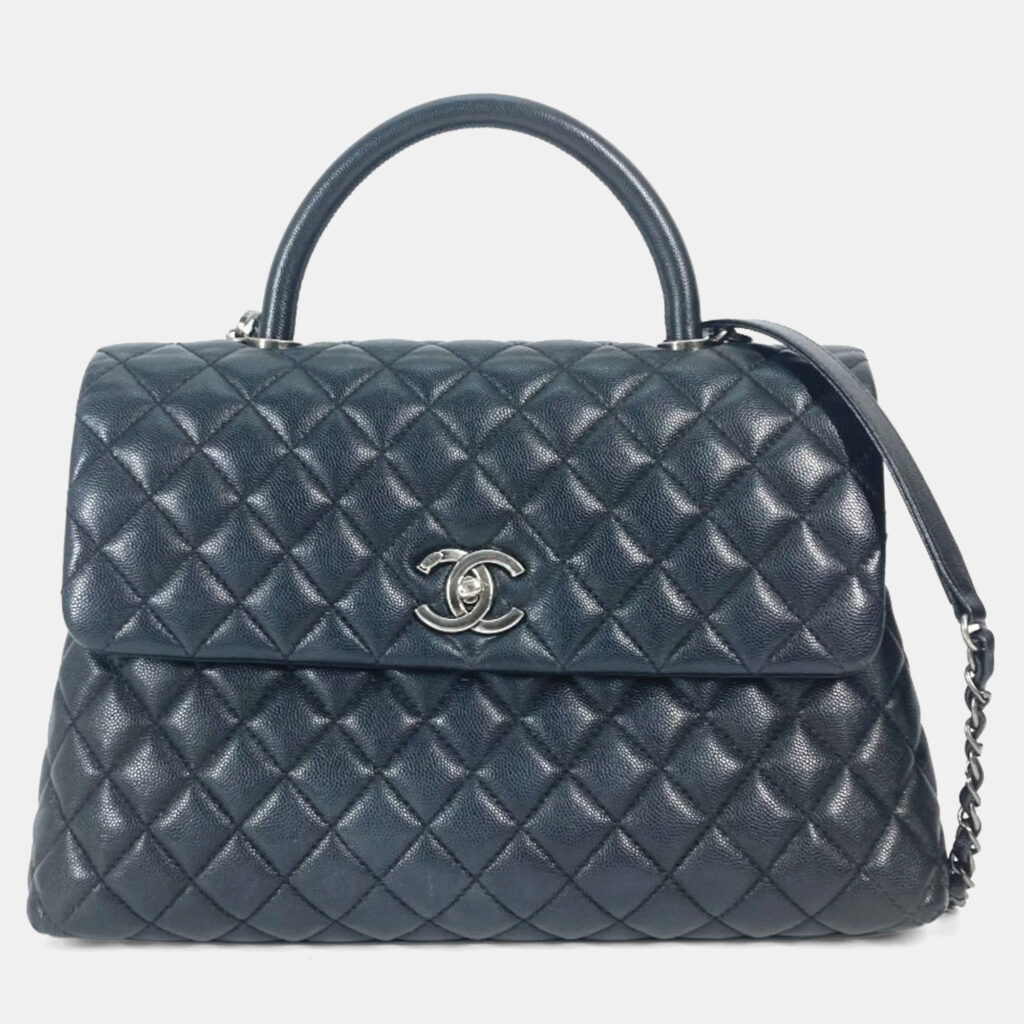 Chanel Cc Coco Mark Quilted Matelasse Blue Caviar Skin 2-Way Top Handle Chain Shoulder Bag Chanel Cc Coco Mark Quilted Matelasse Blue Caviar Skin 2-Way Top Handle Chain Shoulder Bag