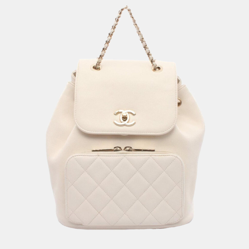 Chanel Matelasse Backpack Bag Leather Grained Calfskin White Chanel Matelasse Backpack Bag Leather Grained Calfskin White