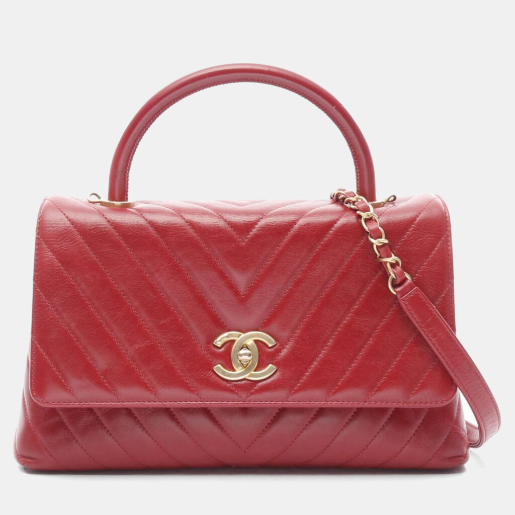 Chanel Coco Handle 29 Flap V Stitch Chevron Handbag Leather Red