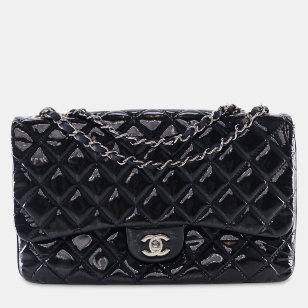 Chanel Navy Blue Jumbo Quilted Patent 3 Compartment Flap