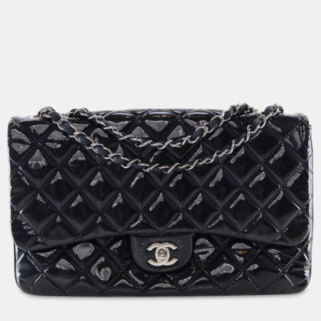 Chanel Navy Blue Jumbo Quilted Patent 3 Compartment Flap Chanel Navy Blue Jumbo Quilted Patent 3 Compartment Flap