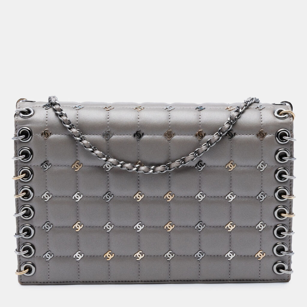 Chanel Grey Small Lambskin Chocolate Bar CC Piercing Studded Chain Flap