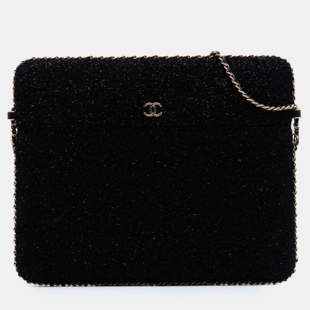 Chanel Black CC Tweed Chain Around Tablet Holder Crossbody Chanel Black CC Tweed Chain Around Tablet Holder Crossbody