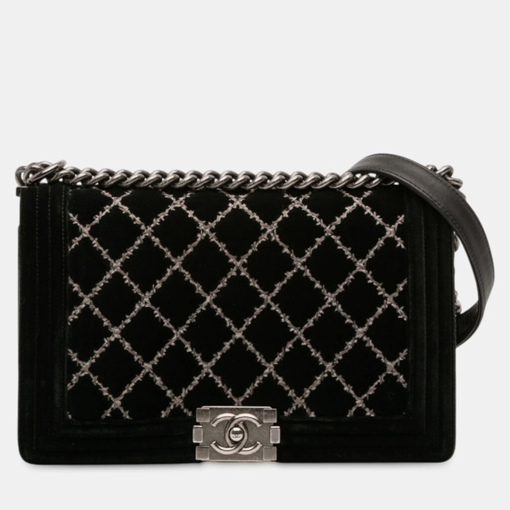 Chanel Black Medium Quilted Velvet Wild Stitch Boy Flap