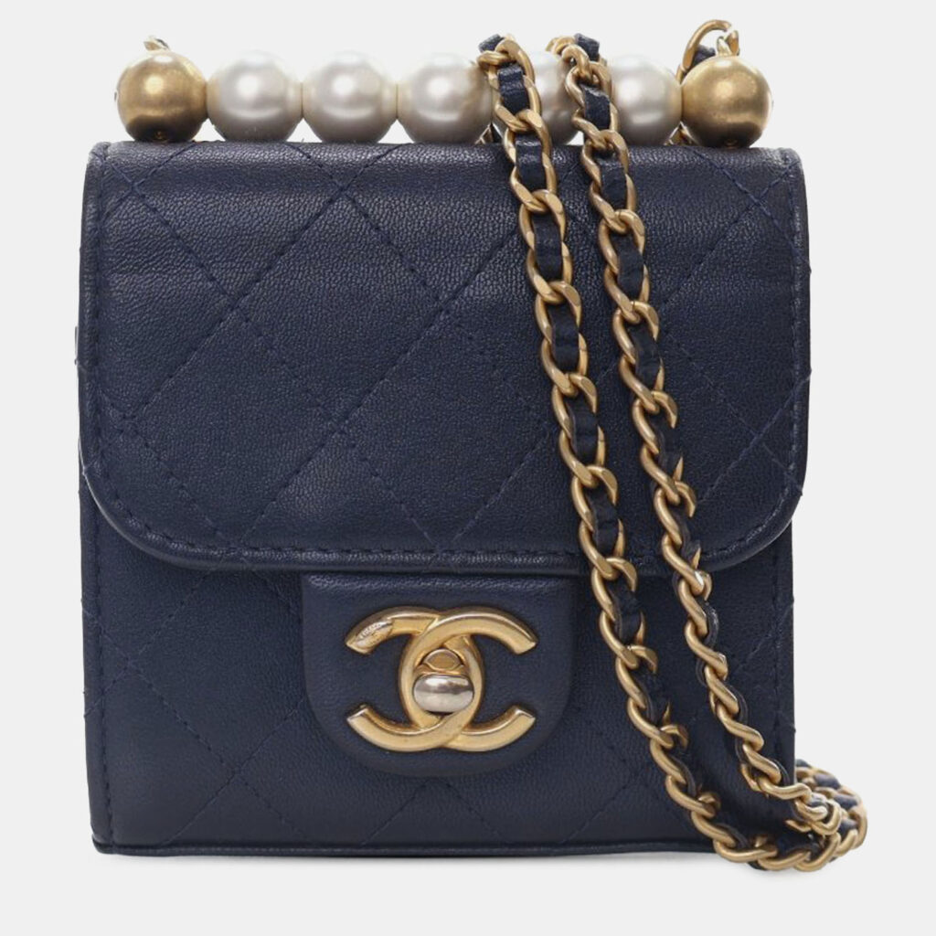Chanel Navy Blue Mini Goatskin Chic Pearls Clutch On Chain Chanel Navy Blue Mini Goatskin Chic Pearls Clutch On Chain