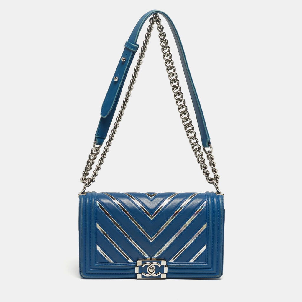 Chanel Blue/Iridescent Chevron PVC and Leather Medium Boy Flap Bag Chanel Blue/Iridescent Chevron PVC and Leather Medium Boy Flap Bag