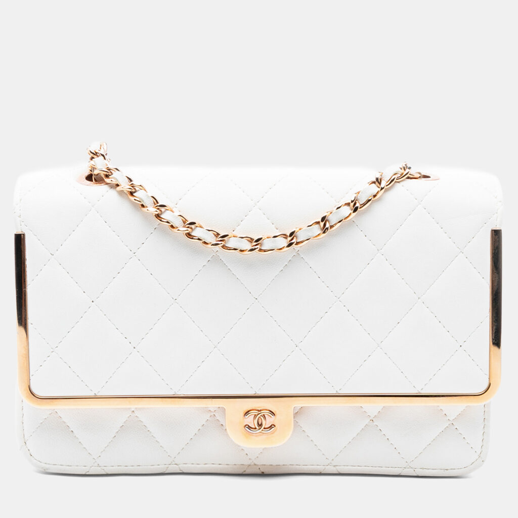 luxury-women-chanel-used-handbags-p1236428-006-1.jpg Chanel White CC Quilted Lambskin Frame Wallet On Chain