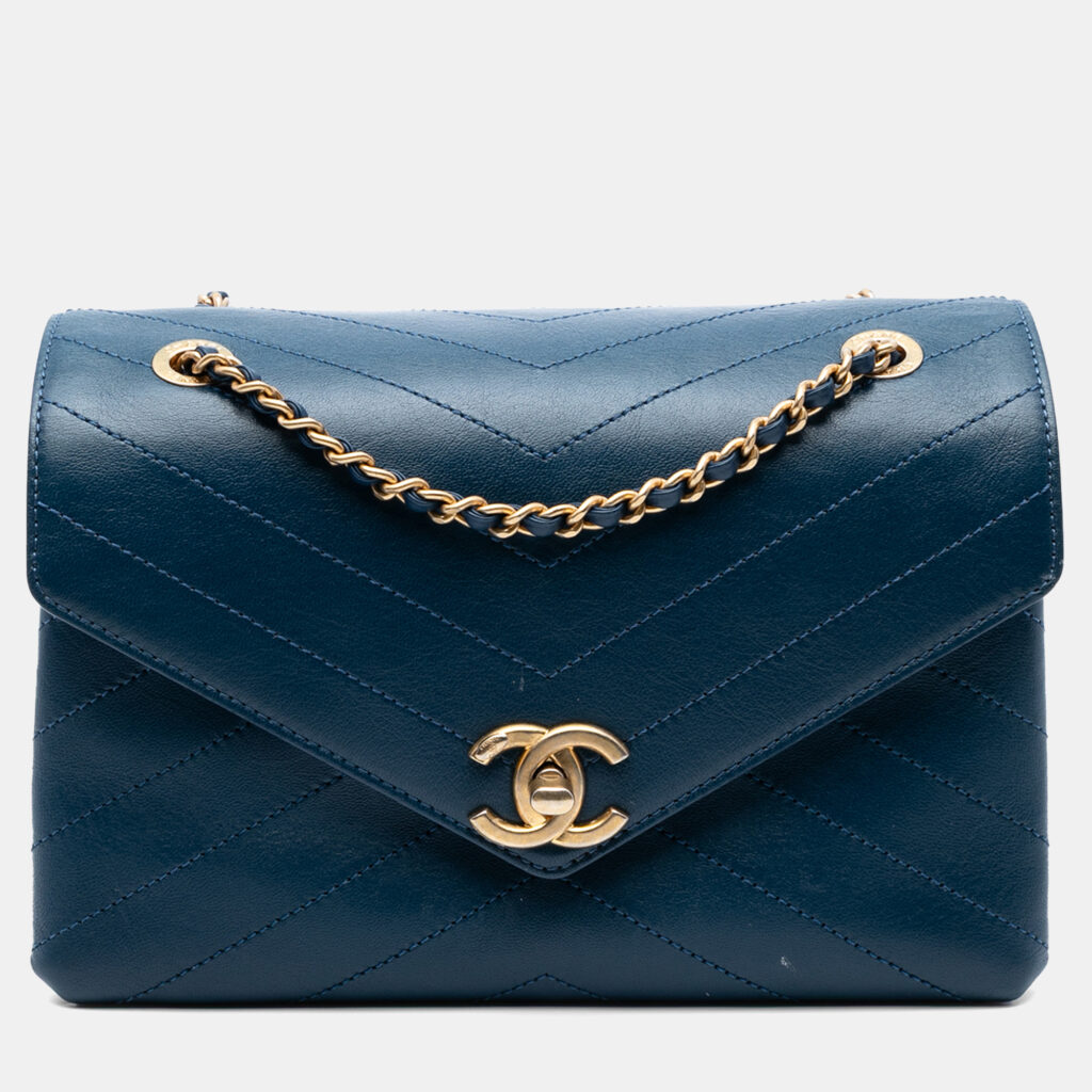luxury-women-chanel-used-handbags-p1236430-008-1.jpg Chanel Blue Small Chevron Lambskin Stitched Envelope Flap