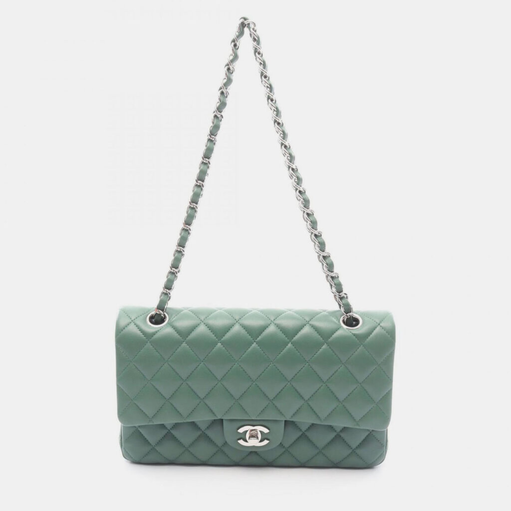 Chanel Classic Double Flap Green Leather Shoulder Bag
