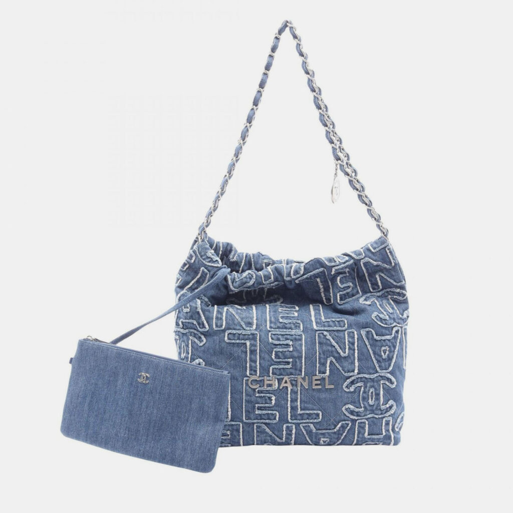 Chanel 22 Small Fringed Logo Quilted Denim Chain Hobo Bag