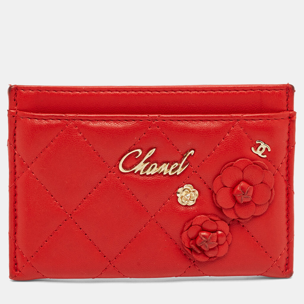 luxury-women-chanel-used-handbags-p1236849-002.jpg Chanel Red Quilted Leather CC Camelia Card Holder