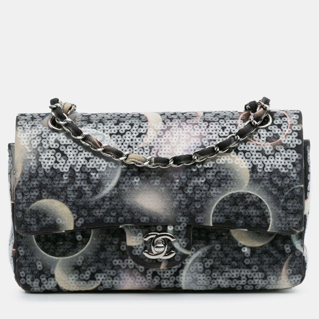Chanel Black Medium Classic Canvas Sequin Moon Double Flap Chanel Black Medium Classic Canvas Sequin Moon Double Flap