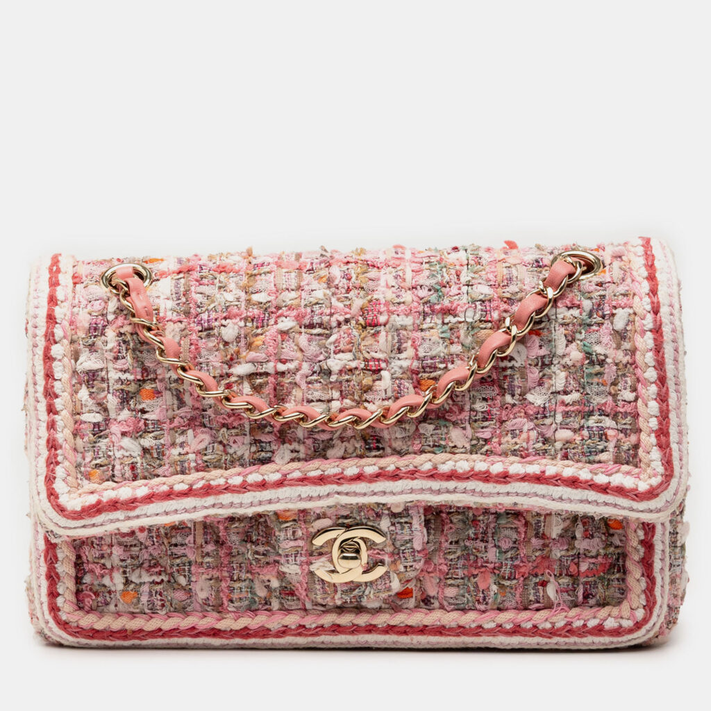 Chanel Pink Medium Classic Quilted Tweed Braided Double Flap Chanel Pink Medium Classic Quilted Tweed Braided Double Flap