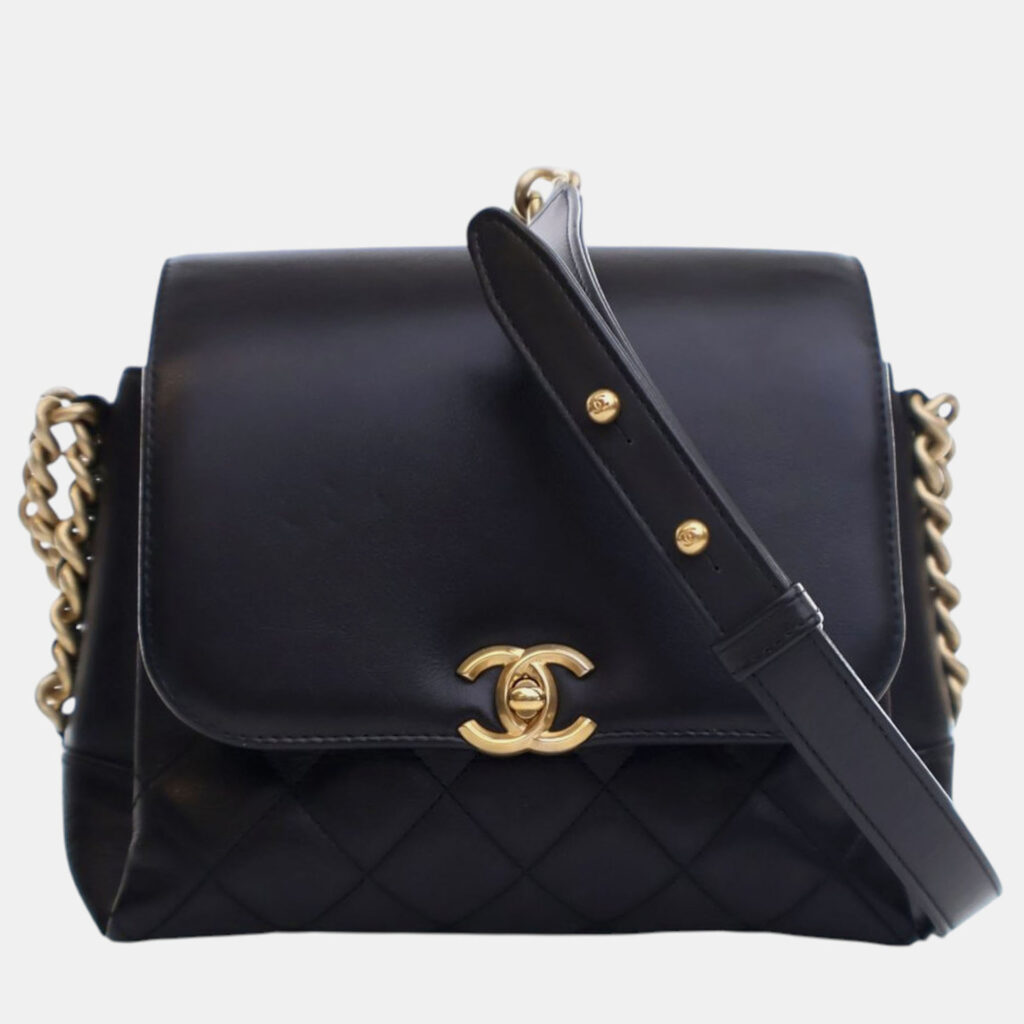 Chanel Quilted Side Chain Compartment Flap Goatskin Leather Shoulder Bag Chanel Quilted Side Chain Compartment Flap Goatskin Leather Shoulder Bag
