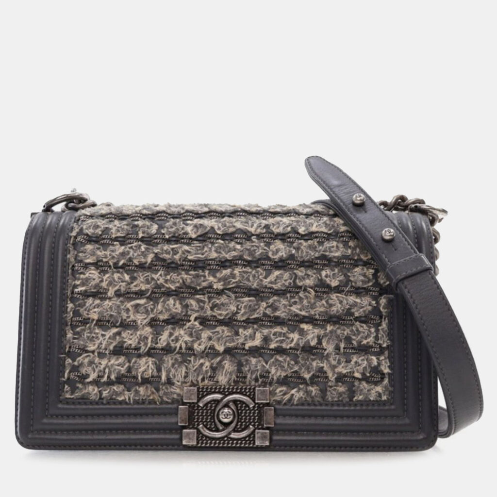 Chanel Grey Old Medium Braided Tweed and Calfskin Boy Flap