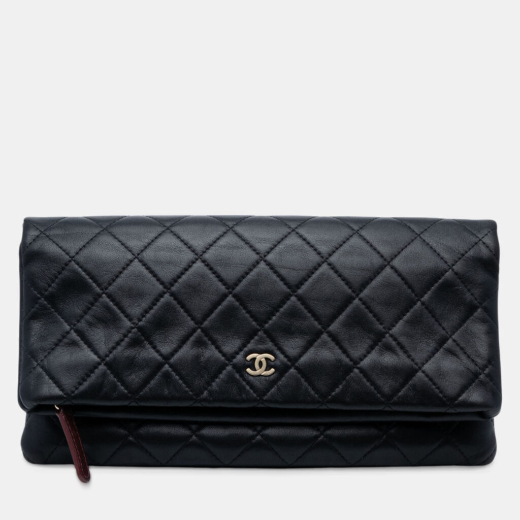 Chanel CC Beauty Quilted Foldover Lambskin Leather Clutch Bag