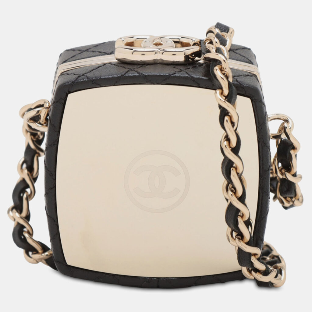 Chanel Black Quilted Lambskin Make-Up Box Clutch With Chain