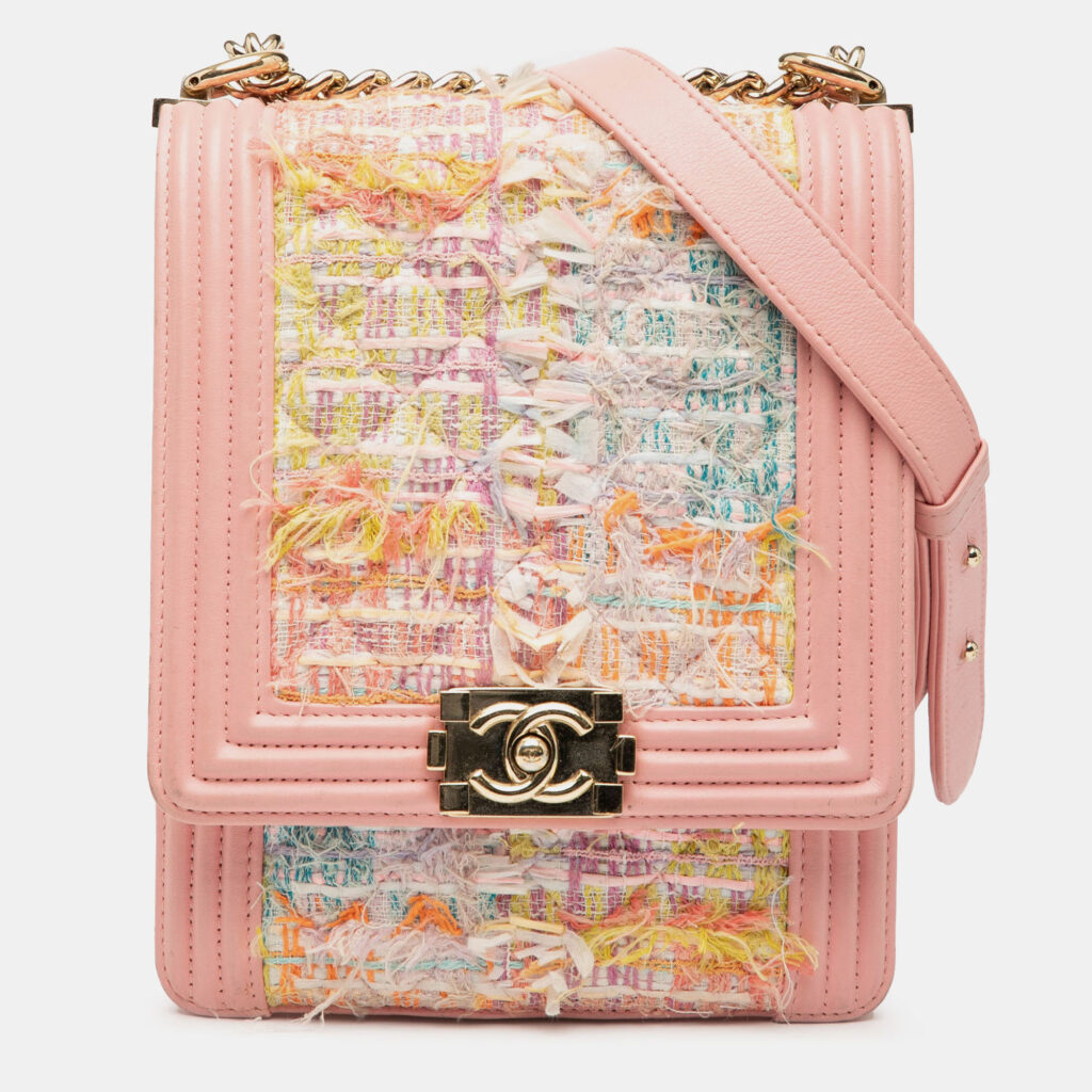 Chanel North South Boy Flap Quilted Tweed Calfskin Leather Shoulder Bag