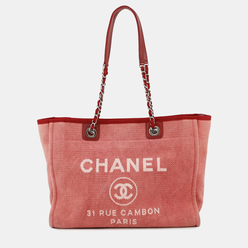 Chanel Deauville Chain Tote Bag Pink Canvas Chanel Deauville Chain Tote Bag Pink Canvas