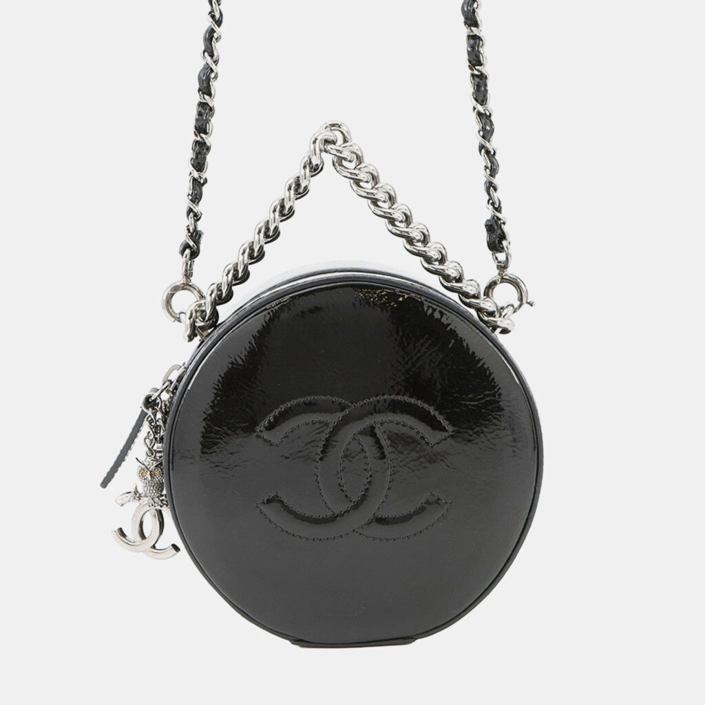 Chanel Double Chain Round Shoulder Bag Black Patent Leather