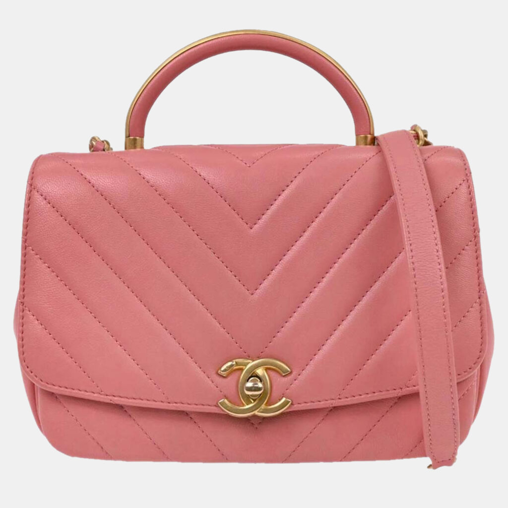 Chanel Pink Calfskin Chevron 2way Handbag Chanel Pink Calfskin Chevron 2way Handbag